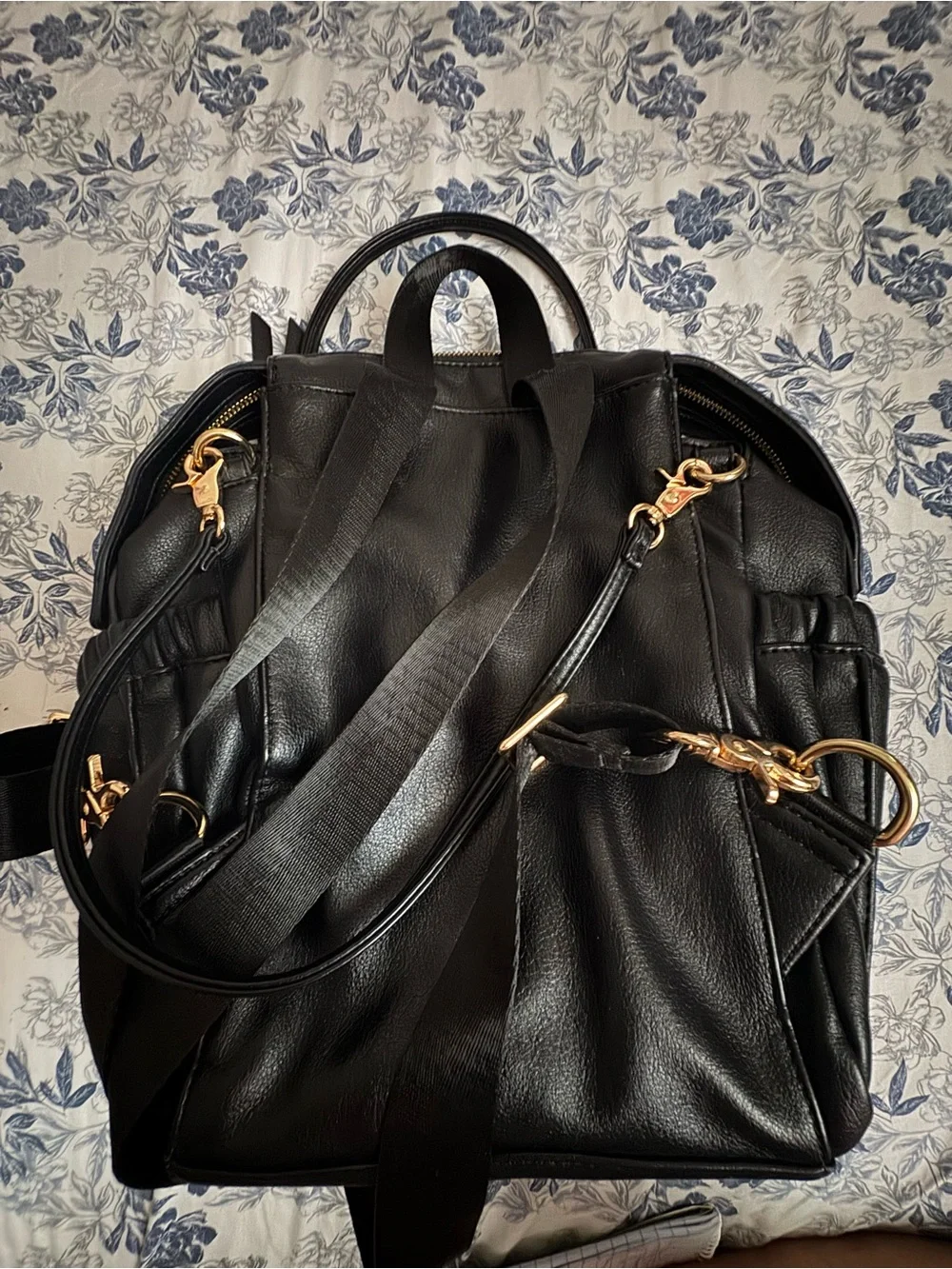 Black Faux Leather Baby Backpack with Gold Accents